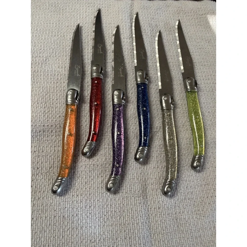 Set of 6 French Jean Dubost Laguiole steak knives plexiglass rainbow Vintage